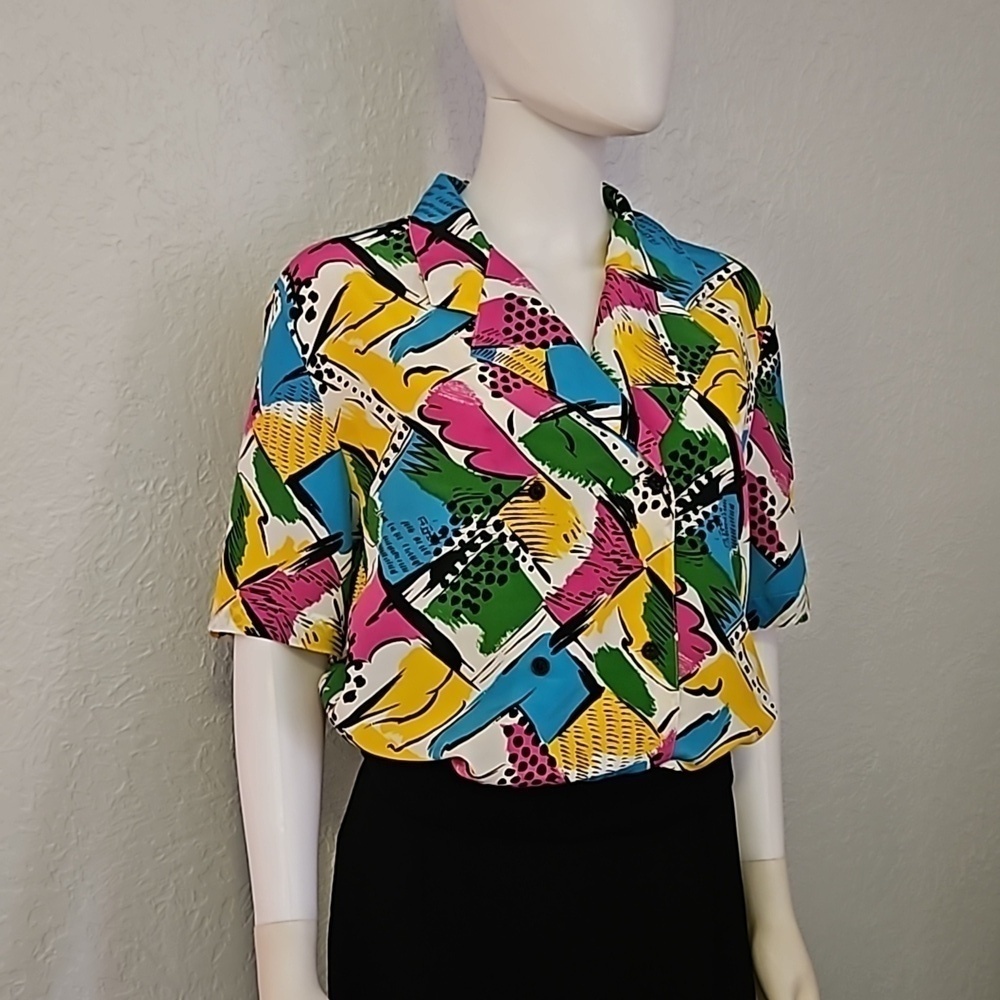 VTG JORDAN 1980s Colorful Graffiti Blouson Blouse - Picture 2 of 8